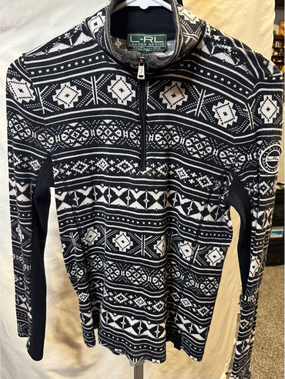 249 Ralph Lauren L-RL Active Black and White Patterned Cotton Pullover Sweater M